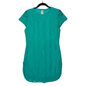 KATE USA Teal Blue Green Lace Overlay Short Sleeve Stretchy Mini Dress 2X